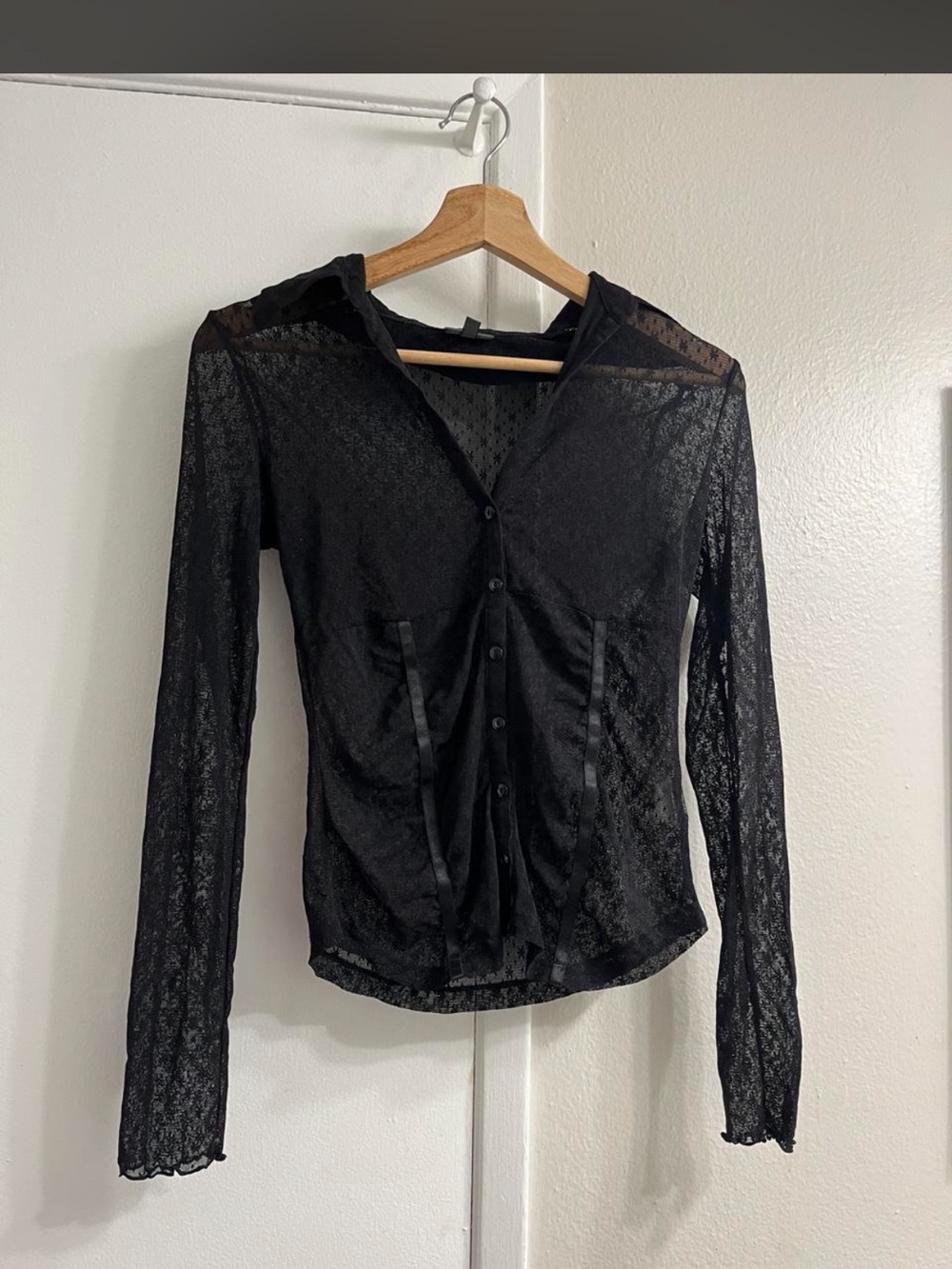 Mexx Black Sheer Lace Button-Down Long Sleeve Top
